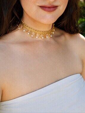 Handmade Gold Pearl Fringe Boho Choker Statement Necklace - Women Jewelry